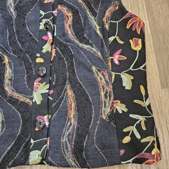 Vtg Embroidered Floral Vest Womens S Black Wool Silk Multi Cottagecore Button Up - Picture 2 of 9